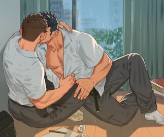 2boys bara bare_pectorals gay gay_male kissing large_pectorals male male_focus male_only muscular muscular_male original original_character pectorals short_hair suit thick_eyebrows yaoi youchi123