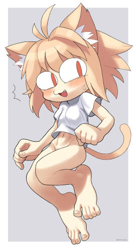 1girls 2d 5_fingers 5_toes absurd_res absurdres ahoge animal_ear_fluff animal_ears animal_humanoid anthro anthro_female anthro_only bangs barefoot big_feet big_hands blonde_hair blush bodily_fluids bottomless bottomless_female breasts cat_ears cat_humanoid cat_tail clothed clothes clothing cute_fangs domestic_cat ear_tufts fangs feet felid felid_humanoid feline feline_ears feline_humanoid felis female female_only fingernails fingers hair hair_between_eyes hi_res highres humanoid humanoid_feet humanoid_hands inner_ear_fluff light_body light_skin looking_aside looking_to_the_side mammal mammal_humanoid medium_hair midriff motion_lines nails naked_shirt navel neco-arc nervous nervous_smile no_nose no_panties noseless obscured_genitals oerba_yun_fang open_mouth oyatsu oyatsu_(mk2) partially_clothed plantigrade pupils red_eyes shirt short_sleeves signature simple_background slit_pupils small_breasts smile solo sweat sweatdrop sweater t-shirt tail toenails toes tongue topwear topwear_only tremble_spikes tsukihime tuft turtleneck turtleneck_sweater type-moon white_clothing white_inner_ear_fluff white_shirt white_t-shirt white_topwear yellow_tail