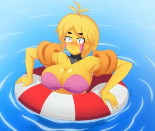 1girls ahoge animatronic animatronic_female animatronic_girl artist_name_removed big_breasts black_neck blush blush_lines blushing blushing_female bra breasts buoy busty busty_female cheeks chica_(fnaf) chica_(fnia) embarrassed_expression embarrassed_female female female_focus female_only five_nights_at_freddy's five_nights_in_anime floating fnia fniarex hair_tip humanized humanoid_robot in_water marks no_watermark pink_bra pink_cheeks pupils purple_eyes purple_pupils robot robot_girl robot_humanoid rosy_cheeks solo solo_female solo_focus water water_background white_sclera yellow_body yellow_skin