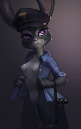 2022 anthro artist_name blue_clothing blue_shirt blue_topwear bodily_fluids bottomless breasts clothed clothing club_(weapon) countershade_face countershade_fur countershade_torso countershading dated disney eyebrows eyelashes female fur genital_fluids genitals grey_body grey_fur hi_res judy_hopps lagomorph leporid long_ears looking_away mammal melee_weapon mostly_nude murusun navel nipples open_clothing open_shirt open_topwear pink_nipples police police_hat purple_eyes pussy pussy_juice_string rabbit shirt simple_background small_breasts solo standing topwear vaginal_fluids weapon zootopia