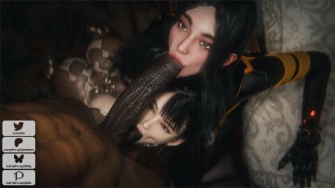 1boy 2girls 3d 3d_(artwork) 3d_model big_cock big_penis black-haired_female black_hair blowjob bushy_eyebrows cock currysfm cyborg cyborg_girl dark-skinned_male dark_skin eve_(stellar_blade) fellatio female female_focus interracial large_cock large_penis light-skinned_female light_skin looking_at_viewer male male_pov penis pov stellar_blade tachy_(stellar_blade) thick_eyebrows threesome video_game_character