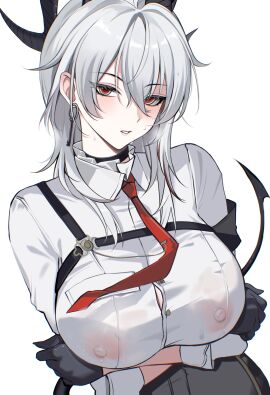1girls ateoyh black_gloves black_pants blush breasts choker cleavage close-up covered_nipples earrings female grey_hair hi_res horn large_breasts long_hair looking_at_viewer necktie nipples no_bra parted_lips partially_unbuttoned red_eyes see-through simple_background solo solo_female straps tail teeth white_background wuthering_waves zani_(wuthering_waves)