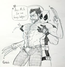 19gecko 2boys abs arm_hair blush boner bulge chest_hair claw_(weapon) deadpool deadpool_&_wolverine_(2024) english_text erection erection_under_clothes gay james_howlett large_pectorals logan_(x-men) looking_at_another male male_lactation male_only male_underwear marvel marvel_comics mask milk monochrome muscular muscular_male nipple_pull nipples open_fly pants pectoral_grab pectorals short_hair superhero_costume sweatdrop wade_wilson wolverine_(x-men) x-men yaoi