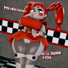 3d animatronic baby_(fnafsl) breasts circus_baby circus_baby_(fnaf) circus_booby female five_nights_at_freddy's five_nights_at_freddy's:_security_breach five_nights_at_freddy's:_sister_location green_eyes jordevoir pussy red_eyes robot robot_girl skirt solo text thick_thighs thighs twintails