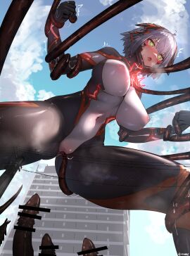 absurdres bar_censor blue_sky blush bodysuit breasts building censored clenched_hands cloud colossus_(natsukaze_shigure) covered_navel covered_nipples day energy_drain female from_below giant giantess glowing green_eyes grey_hair headgear hexagon_print highres imminent_penetration impossible_bodysuit impossible_clothes large_breasts magical_girl natsukaze_shigure open_mouth original outdoors peril pussy pussy_juice restrained short_hair skin_tight sky solo tentacle tentacle_sex variant_set