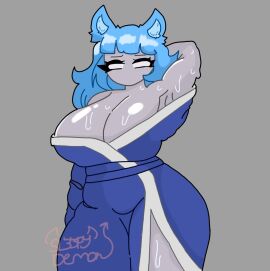 arm_up armpit armpits ass blue_clothing blue_hair breasts cat_ears cat_girl catgirl chubby chubby_female cleavage clothed clothed_female fan_character fanart female fupa grey_skin huge_boobs huge_breasts katrina_(izzylewdaccount) kimono neko no_mouth no_pupils original simple_background simple_coloring simple_shading sl33py_demon sweat sweatdrop sweating sweaty sweaty_armpit sweaty_breasts thick_ass thick_thighs white_eyes wide_ass wide_hips