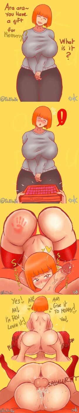 0cktinku 1boy 1girls 2d artist_name comic condom condom_box dad_(japanese_mcdonald's_commercial) english_text female gift heart holding_condom holding_object husband_and_wife inviting inviting_to_sex long_image male mcdonald's missionary_position mom_(japanese_mcdonald's_commercial) offering offering_condom offering_sex offering_to_another onomatopoeia sex simple_background text uncensored watermark yellow_background yoru_mac