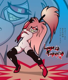 1_eye 2023 absurd_res areola armwear black_clothing black_legwear black_thigh_highs bodily_fluids boots breasts cherri_bomb_(hazbin_hotel) clothing cross_pupils cyclops damaged_clothing demon digital_media_(artwork) elbow_gloves fangs female footwear genital_fluids genitals gloves grinning_at_viewer hair handwear hazbin_hotel hi_res high_heels humanoid innie_pussy japanese_text jojo_pose jojo_reference legwear looking_at_viewer lunaris_parukia mismatched_shoes mostly_nude navel nipples orange_hair pink_areola pink_nipples ponytail pussy red_boots red_clothing red_footwear red_high_heels red_sclera solo teeth text thigh_highs vaginal_fluids yellow_eyes