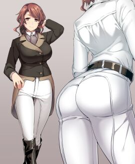 1girls ascot ass belt black_boots boots breasts brown_eyes brown_hair female hand_in_own_hair jacket knee_boots large_breasts multiple_views original pants riding_boots riding_outfit smile tsukinami_kousuke wavy_hair white_pants