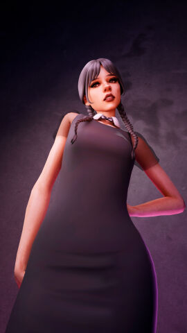 1girls 3arrows 3d actress black_hair blender braids celebrity dress female goth goth_girl jenna_ortega lipstick nail_polish posing real_person simple_background solo solo_female solo_focus the_addams_family twin_braids wednesday_(netflix) wednesday_addams