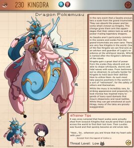 1boy 1girls anthro blue_body blue_hair character_profile chibi creature_index english_text female female_focus generation_2_pokemon hi_res human kingdra kinkymation long_hair male marine monster_girl nintendo pokemon pokemon_(species) pokemorph pokemusu profile text text_box