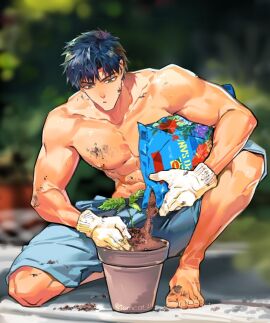 1boy barefoot black_hair dirty full_body gloves green_eyes male male_only muscular muscular_male original outdoors plant shirtless solo tomcat_li