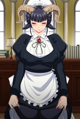 1girls ajin_ga_osuki_nan_desu_ne black_hair breasts female horns large_breasts maid maya_(ajin_ga_osuki_nan_desu_ne) monster_girl screencap thighs wide_hips