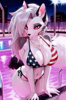 1girls ai_generated american_flag_bikini anthro anthro_female anthro_only big_breasts bikini breasts canid canine canis choker demon demon_girl ear female furry furry_female furry_only furry_tail goth goth_girl grey_body grey_fur grey_hair hellhound helluva_boss hi_res high_resolution hires lights long_hair looking_at_viewer loona loona_(helluva_boss) necklace open_mouth outdoors outside pool pool_lights poolside red_sclera solo solo_female swimsuit swimwear tail two-piece_swimsuit two-tone_body two-tone_fur two-tone_tail upscaled wet wet_body wet_fur wet_hair white_body white_eyes white_fur wolf wolf_girl