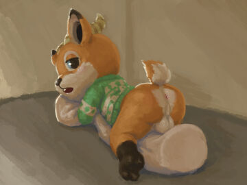 2020 animal_crossing antelope anthro antlers anus apluss ass balls beau_(animal_crossing) blue_eyes body_pillow bovid clothing furry genitals green_clothing green_sweater green_topwear hi_res horn hug hugging_object hugging_pillow looking_back lying male mammal narrowed_eyes nintendo on_front open_mouth orange_body pillow raised_tail solo solo_focus sweater tail topwear