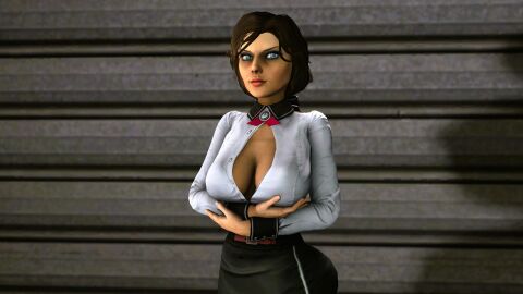 3d bioshock bioshock_infinite blue_eyes breasts burial_at_sea cleavage elizabeth_comstock elizabeth_comstock_(burial_at_sea) female female_only hair_tied holding_breast large_breasts looking_at_viewer lordaardvark sfm