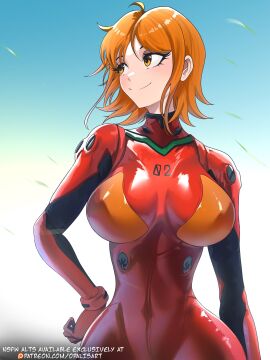 1girls artist_name asuka_langley_sohryu_(cosplay) big_breasts breasts busty crossover crossover_cosplay curvy female light-skinned_female light_skin nami_(one_piece) neon_genesis_evangelion one_piece opalisart orange-haired_female orange_eyes orange_hair plugsuit short_hair small_waist souryuu_asuka_langley_(cosplay) tight_clothing wide_hips