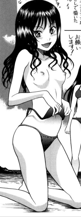 bare_arms bare_belly bare_legs bare_shoulders bare_thighs beach belly_button black_and_white black_hair blush bra breasts collarbone doujinshi female kneeling long_hair nipples open_mouth original original_character panties panties_only removing_bra shiden_akira small_breasts smile thighs topless