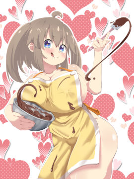 1girls :q ahoge apron bangs blue_eyes blush bowl breasts brown_hair chocolate chocolate_on_body chocolate_on_breasts cleavage collarbone covered_nipples female food_on_body heart heart_background holding holding_bowl huge_breasts large_breasts looking_at_viewer marvelous minori_(senran_kagura) mixing_bowl nagashima_l naked_apron senran_kagura senran_kagura_(series) shortstack smile solo spatula tongue tongue_out twintails valentine valentine's_day whisk white_background yellow_apron
