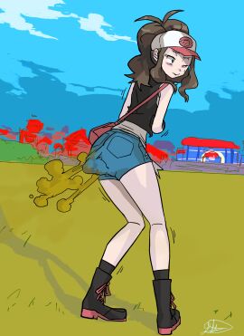 ass blush embarrassed fart fart_cloud fart_fetish female hilda_(pokemon) needs_bathroom outside park pokemon public scat scat_desperation shit shitting soiling soiling_clothing usagaijin