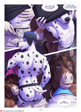 2024 anthro anthro_on_anthro ass bifurcation_(sigma_x) big_ass big_butt bottomwear bottomwear_down brown_body brown_fur bulge canid canine canis clothed clothing comic dalmatian dialogue diamond_(sigma_x) domestic_dog duo english_text equid equine fur hi_res horse male male/male mammal mike_(sigma_x) navel nipples pants pants_down partially_clothed sigma_x text underwear white_body white_fur