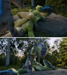 16:9 2024 3d absurd_res ambiguous_penetration animal_genitalia anthro assisted_sex blender_(artwork) brown_body claws cloaca detailed_background digital_media_(artwork) dzat female feral finger_claws genitals green_body group held_by_tail hi_res keie kobold larger_male lizard male male/female open_mouth outdoor_nudity outside penetration reptile scales scalie seire sex size_difference smaller_female smile teeth toe_claws trio viuru widescreen