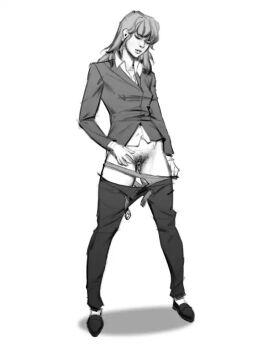 1girls button_up_shirt collared_shirt female hairy_pussy long_hair mostly_clothed original pants_down pubic_hair pussy solo undone_belt