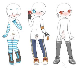 3boys blush chastity chastity_cage chastity_device cum ejaculation erect_penis femboy fingerless_gloves flat_chastity_cage gay gay_male holding_phone long_gloves male male_only monochromatic_skin penis posing shoes small_penis standing stickman thighhighs tosx yaoi