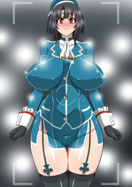 areolae ass ass_visible_through_thighs big_ass big_breasts black_gloves black_hair black_legwear blush blushing_female body_paint bodypaint breasts completely_nude embarrassed exhibitionism false_clothes female garter_belt garter_straps gloves kantai_collection navel nipples nude nude_female painted_clothes pussy red_eyes shy standing takao_(kantai_collection) thick_thighs thighhighs thighs