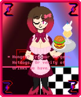 background bete_noire betty_noire big_breasts black_thighhighs breasts brown_hair burger drink female food glitchtale large_boobs large_breasts maid maid_outfit maid_uniform neck_ribbon one_closed_eye pink_eyes pixel pixel_art plate red_hair red_shoes ribbon_in_hair shoes thighhighs transparent_background undertale undertale_(series) z!betty zixy