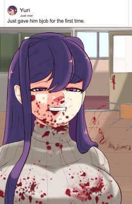 1girls big_breasts blood_on_face blood_trail breasts collarbone doki_doki_literature_club english_text female female_focus long_hair lplatelets meme purple_eyes purple_hair shitpost solo solo_focus sweater teeth text turtleneck turtleneck_sweater yuri_(doki_doki_literature_club)