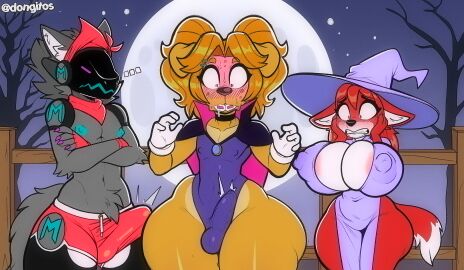 anthro areola areola_slip balls balls_bulge big_areola big_breasts big_nipples black_nose blue_areola blue_nipples blush blush_lines breasts buckteeth bulge canid canine canis clothing countershading crossed_arms domestic_dog dongitos erection erection_under_clothing female femboy fox fur genitals gerry_(dongitos) grey_body grey_fur grey_hair group hair halloween hi_res holidays huge_breasts huge_hips leotard male mammal nipple_outline nipples orange_hair pink_areola pink_nipples pubes red_body red_fur red_hair teeth teeth_showing trio white_body white_countershading white_fur wide_hips wolf yellow_body yellow_fur