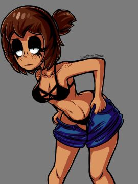 1girls cocodarkdraws female freckles tan_body underwear undressing