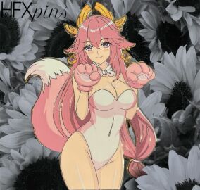 animal_ears animal_tail bare_legs big_breasts blush breasts cosplay earrings female fox_ears fox_girl fox_tail genshin_impact hfxpins leotard long_hair paw_gloves pink-haired_female pink_hair purple_eyes smile tail thick_thighs white_leotard wide_hips yae_miko