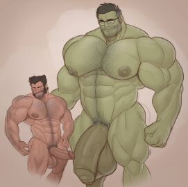 2boys balls bara big_balls big_penis body_hair boner duo erection flaccid gab_art gay glasses hulk hulk_(series) james_howlett male male_only marvel marvel_comics muscles muscular nude penis penis_size_difference professor_hulk size_difference wolverine_(x-men) x-men yaoi