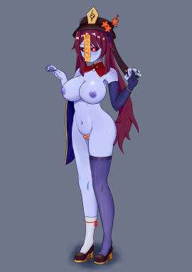 blue_skin female genshin_impact hu_tao_(genshin_impact) nipples pussy tagme transformation zombie_girl 梓