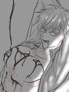 1boy blue_eyes chocolate chocolate_on_body jujutsu_kaisen male male_nipples male_only nipples satoru_gojo tongue tongue_out