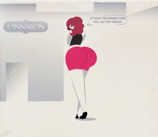 1girls absurd_res artist_signature ass big_ass big_butt booty_shorts claudia_(sparks_spectrum) dialogue english_text female hi_res lineless long_legs looking_back minimalist mob_face original rear_view red_hair simple_background sparks_spectrum
