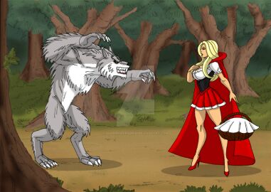 anthro ass basket big_ass big_bad_wolf big_breasts blonde_hair breasts canine claws comic corset crossdressing curvy fairy_tales fangs female forest grey_fur high_heels johnnyharadrim literature little_red_riding_hood long_hair male male_focus male_only muscular muscular_male public_domain red_hood skirt trees wolf