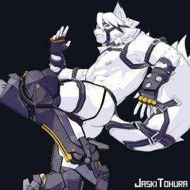 2024 3d 5_fingers abs action_pose anthro arm_tuft ass athletic athletic_male backsack balls ballsack bangs belt black_nose boots bulge butt_pose canid canine canis cel_shading cheek_tuft clothing digital_media_(artwork) elbow_tuft facial_tuft fighting_pose fingerless_gloves fingers footwear frown fur genitals gloves handwear harness hi_res high_heeled_boots high_heels jaskitohura jockstrap looking_at_viewer looking_down looking_down_at_viewer male male_only mammal mihoyo mostly_nude muzzle_(object) neck_tuft nipples on_one_leg pecs pose prosthetic prosthetic_leg prosthetic_limb raised_foot raised_leg raised_tail red_eyes shaded signature simple_background solo standing tail tuft underwear von_lycaon white_body white_fur wolf zenless_zone_zero