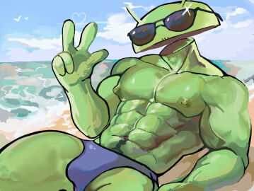 1boy abs bara beach blue_briefs blue_underwear bugdroid bulge clouds lying male male_focus male_only mascot muscular muscular_male nipples on_back otakusareweebs_(artist) outdoors peace_sign pecs sand sky solo sunglasses swim_briefs thick_thighs topless veins veiny_arms water yaoi