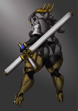 accessory anthro antlers armor armored_boots ass big_ass big_butt blue_eyes bottomless bovid bracelet caprine clothed clothing club_(weapon) djpuppeh dream_breaker_(pseudoregalia) felid feline female fluffy fluffy_hair footwear gem goat gold_(metal) gold_antlers gold_armor gold_bracelet gold_hair_ornament gold_hair_tie gold_jewelry greaves hair hair_accessory hair_tie head_tuft hi_res high_heels horn hybrid jackalope jewelry lagomorph leggings legwear leporid lips lipstick long_sleeves looking_at_viewer makeup mammal melee_weapon muscular muscular_arms nightstick no_underwear pseudoregalia puffy_lips rabbit rabbit_ears shawl solo suit_jacket sybil_(pseudoregalia) thick_thighs tuft weapon