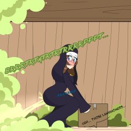 blue_eyes brown_hair bubble_butt fart fart_cloud fart_fetish farting female looking_back mrtomato8224 nun nun_outfit squatting