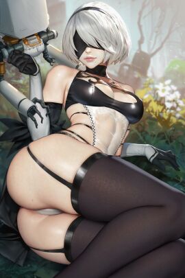 2d 2d_(artwork) ass black_dress black_panties black_shirt black_socks blindfold blurry blurry_background breasts breasts_out cleavage curvy feather-trimmed_sleeves female from_behind gloves grey_hair hair_over_one_eye hairband huge_ass laying_down laying_on_back laying_on_floor laying_on_ground looking_back mole mole_under_mouth neoartcore nier:_automata nier_(series) panties pose posing posing_for_the_viewer presenting room short_hair showing_ass showing_off smile smiling smiling_at_viewer socks solo thick_ass thick_legs thick_thighs thigh_highs thighhighs tight_clothing tight_dress tight_fit underwear white_eyes white_hair wide_hips yorha_2b
