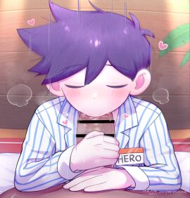 2boys :>= blush censored character_name closed_eyes commentary_request fellatio hair_between_eyes hand_on_another's_stomach handjob heart hero_(headspace)_(omori) hero_(omori) long_sleeves male male_focus mixed-language_commentary motion_lines multiple_boys multiple_males name_tag omori oral pajamas penis pov pov_crotch purple_hair short_hair solo_focus striped_clothes striped_pajamas vertical-striped_clothes vertical-striped_pajamas yaoi zonu_the_zombie zonuthezombie