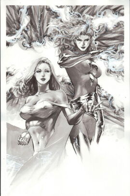 2girls big_breasts breasts clothed emma_frost female female_only jean_grey long_hair marvel marvel_comics monochrome philip_tan phoenix_(x-men) standing traditional_media_(artwork) visible_nipples white_queen x-men