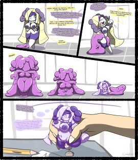 blonde_hair chabble ditto ditto_(pokemon) fangs green_eyes inanimate_transformation indeedee just_the_tip limbless lusamine_(pokemon) no_limbs onahole onahole_transformation pokemon pokemon_(species) pokemon_sm purple_body rubberization sentient_onahole transformation transformation_sequence