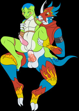 anal anal_sex anthro anus ass bandai_namco black_background blush bodily_fluids carrying_another carrying_partner cum cum_in_ass cum_inside cum_on_penis cum_while_penetrated cumshot curling_toes digimon digimon_(species) digital_media_(artwork) duo ejaculation erection feet flamedramon freenzy-plant gecko genital_fluids genitals green_body hands-free hi_res jomagaher licking licking_another licking_partner lizard male male/male male_penetrated male_penetrating male_penetrating_male mythology navel nude open_mouth orgasm orgasm_face penetration penile penis reptile scalie sex simple_background size_difference slit_penis smile spread_legs spreading tail toes tongue tongue_out