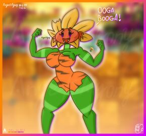 2d 2d_artwork agonywelds angelsagony ass cavewoman curvy curvy_figure eyebrows eyelashes fangs female femdom flexing flexing_bicep glowing jurassic looking_at_viewer muscles muscular muscular_female plant plant_girl plantie plants_vs_zombies plants_vs_zombies_2:_it's_about_time popcap_games primal_sunflower_(pvz) sharp_teeth sunflower sunflower_(pvz) talking_to_viewer taller_female teeth text thick_ass thick_thighs thighs wide_hips