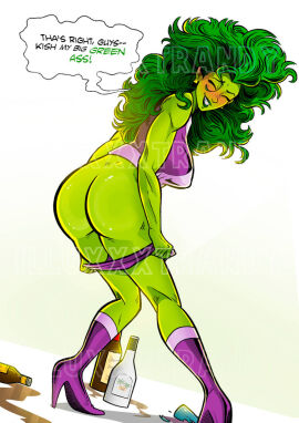 1girls alcohol ass big_breasts big_hair blush bottle bottomless breasts closed_eyes curly_hair dialogue drunk earrings english_text female green-skinned_female green_hair green_skin high_heel_boots high_heels hulk_(series) illustrandy jennifer_walters looking_at_viewer looking_back marvel marvel_comics mooning pulling_down_pants purple_top rear_view she-hulk she_hulk smile speech_bubble taking_off_panties teasing undressing white_background